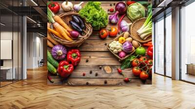 Assortment of fresh organic vegetables on a rustic wooden background, healthy, nutrition, produce, farm-fresh Wall mural