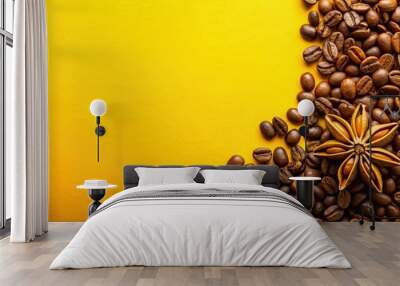 Cezeve with coffee beans and star anise on yellow background, perfect for coffee lovers and food enthusiasts Wall mural