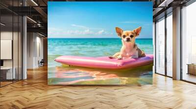 Chihuahua dog lounging on a mattress in the ocean water at the beach during summer vacation holidays Wall mural