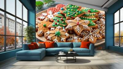 Christmas homemade gingerbread cookies on a festive plate with icing and sprinkles Wall mural