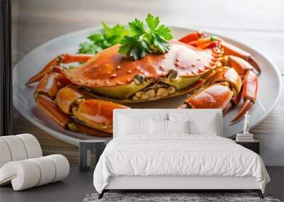 Close-up of a delicious crab dish on a white plate, seafood, crab, sea delicacies, fresh, gourmet, marine Wall mural