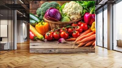 Close-up of a variety of colorful fresh vegetables on a wooden table , organic, healthy, farm, produce, nutrition, cooking Wall mural