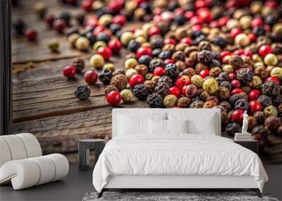 Close-up of scattered peppercorns on a wooden surface, spice, seasoning, kitchen, cooking, food, ingredient, black, savory Wall mural