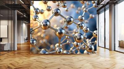 Close up render of silver and gold molecular structure with soft glowing background light, science, molecular structure Wall mural