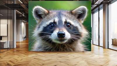 Closeup of a funny and cute raccoon face , raccoon, closeup, animal, wildlife, adorable, humorous, funny, fluffy, fur, whiskers, eyes Wall mural