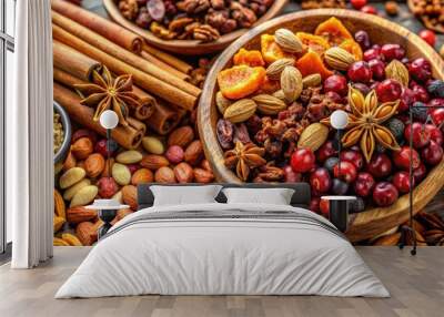 Closeup of a natural and organic vegetarian meal for dogs, featuring nuts, dried fruits, and red spices, nuts, dried fruits Wall mural