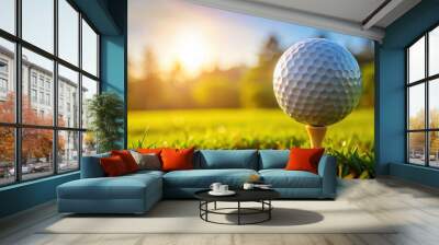 Closeup shot of a golf ball placed on a tee Wall mural