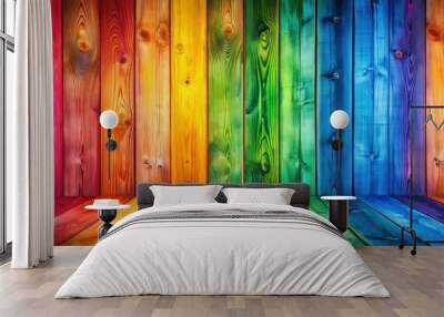 Colorful vibrant rainbow wooden planks background texture with a panoramic view Wall mural