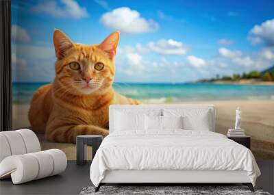 Cute yellow cat lounging on a sandy tropical beach, vacation, feline, pet, relaxation, leisure, adorable, happy, animal, sunny Wall mural