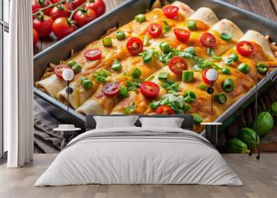 Delicious cheesy chicken enchiladas served with fresh toppings , Mexican cuisine, traditional, delicious Wall mural