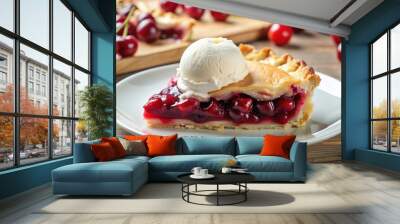 Delicious slice of cherry pie with vanilla ice cream on background, cherry pie, vanilla ice cream, dessert, sweet, isolated Wall mural