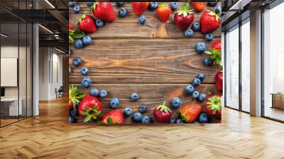 Fresh strawberry and blueberry pattern frame on wooden table, food, background, fresh, fruit, red, blue, vibrant, pattern Wall mural