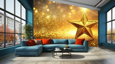 Glamorous abstract background with gold star and sparkling particles, gold, star, particles, glamour, abstract Wall mural