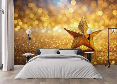 Golden star shining brightly on a sparkling glitter background for festive design Wall mural