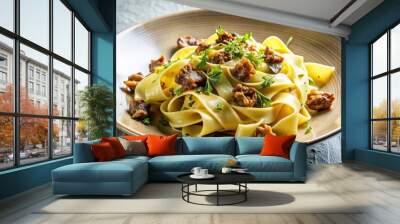 Gourmet dish of pappardelle with braised leeks and crispy porcini pangrattato , gourmet, pappardelle, braised, leeks Wall mural