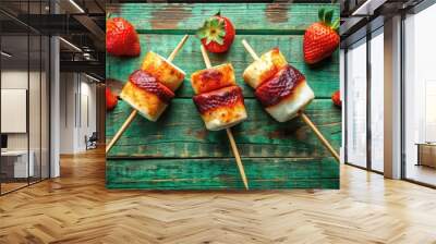 Grilled marshmallows and strawberries on wooden skewers on a rustic green wood background Wall mural