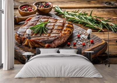 Grilled steak meat on a rustic wooden surface Wall mural