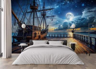 Night view of an old pirate ship deck in mixed media Wall mural