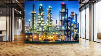 Oil refinery plant illuminated at night with glowing lights, industrial, factory, energy, refinery, production Wall mural