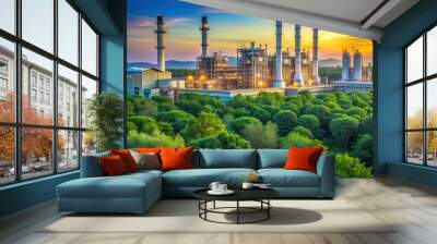 Petroleum power plant surrounded by trees promoting green industry and low carbon footprint, petroleum Wall mural