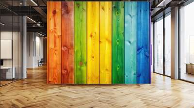 Rainbow wooden wall window with colorful slats , rainbow, wooden, wall, window, colorful, slats, bright Wall mural