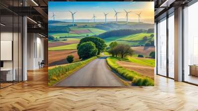 Rural road running alongside picturesque landscape with wind turbines in summer in Merzig, Saarland Wall mural