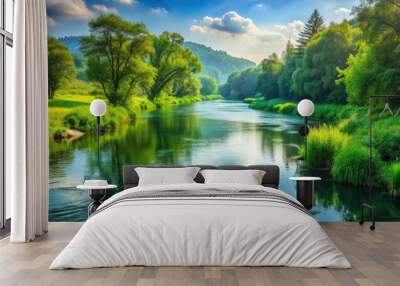 Serene river flowing through a lush green landscape , river, serene, landscape, green, nature, peaceful, render, water Wall mural