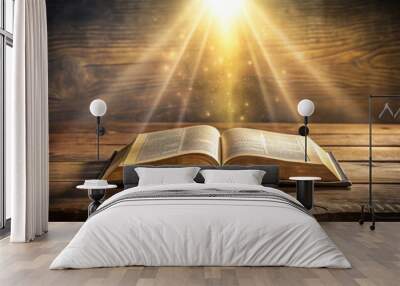 Shining holy Bible resting on a vintage table Wall mural