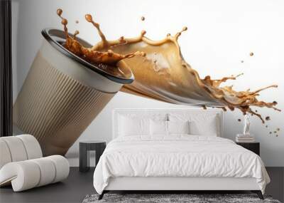 Stock photo of a disposable cup of coffee falling with a splash, isolated on white background Wall mural