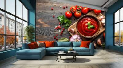 Top view of fresh homemade ketchup with ingredients, copy space available Wall mural