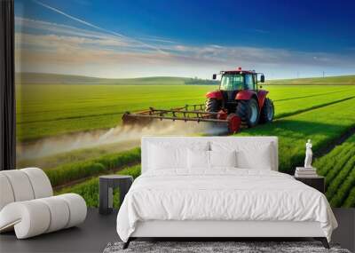 Tractor spraying pesticide fertilizer on a farm under a beautiful sky, agriculture, farming, tractor, pesticide, fertilizer, water Wall mural