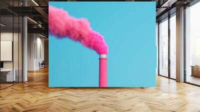 Vibrant pink smoke emitting from industrial chimney against a clear blue sky a bold statement on pollution and artistry Wall mural