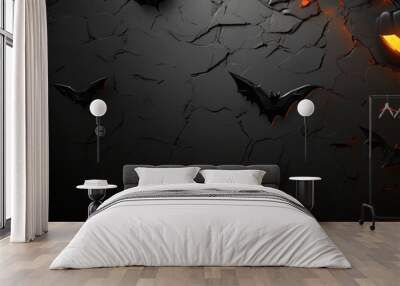 A black background with bats and a pumpkin with two eyes. The bats are in various positions, some are flying and some are resting. The pumpkin is orange and has two eyes, one of which is glowing Wall mural