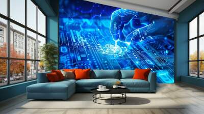 A blue screen with a hand pointing at a small dot. Concept of technology and innovation, as the hand is reaching out to interact with the digital device. The blue color scheme adds to the futuristic Wall mural