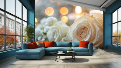 A bouquet of white roses with a candle in the middle. The candle is lit and the roses are arranged in a way that creates a sense of warmth and intimacy. The image conveys a feeling of love and romance Wall mural