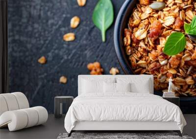 a bowl of granola with a leaf on top of it on a table Wall mural