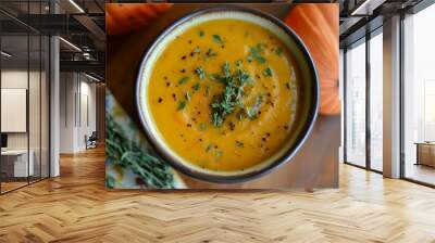 A bowl of soup with parsley and pepper on top. The bowl is on a wooden table Wall mural