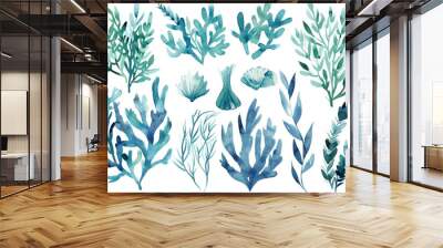 a bunch of watercolor plants and plants on a white background with blue watercolor paint on the bottom Wall mural