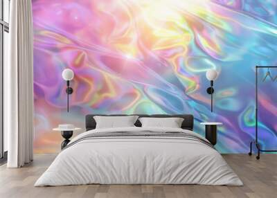 A colorful, iridescent fabric with a rainbow pattern. The colors are bright and vibrant, creating a sense of energy and excitement. The fabric appears to be made of a shiny, reflective material Wall mural