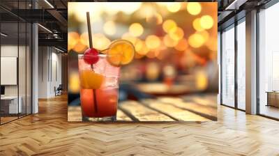 a glass of a drink with a slice of orange and a straw on a table outside with lights in the background Wall mural