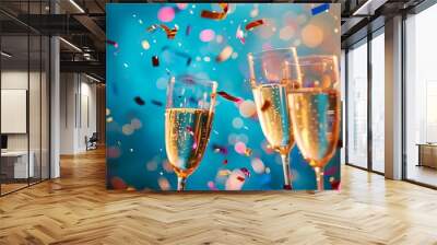 A group of champagne glasses are filled with champagne and are surrounded by colorful confetti. The scene is festive and celebratory, likely representing a party or special occasion Wall mural