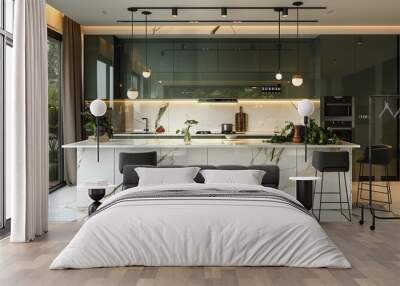 A kitchen with a marble countertop and a black chair Wall mural