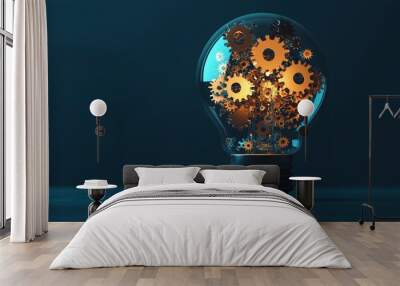 A light bulb with gears inside of it. The light bulb is lit up and the gears are illuminated. Concept of innovation and creativity Wall mural