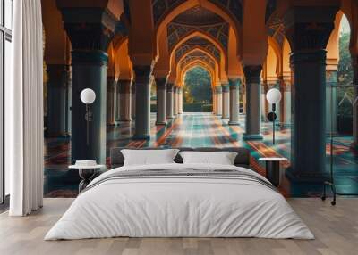 A long hallway with arched ceilings and colorful tiles Wall mural