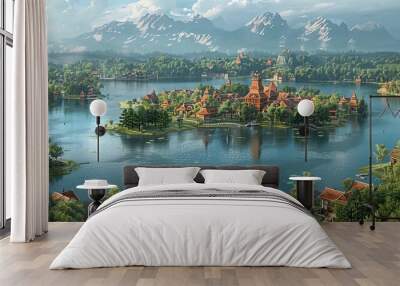 a painting of a small island in the middle of a lake with a castle on it and mountains in the background Wall mural