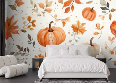 A painting of pumpkins and flowers with a fall theme Wall mural