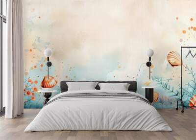 a painting of seashells and corals on a blue background with a place for text or image Wall mural