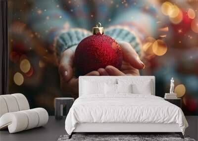 A person is holding a red Christmas ornament. The image has a festive and joyful mood, as it captures the essence of the holiday season Wall mural