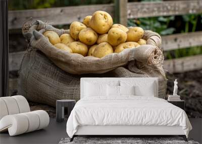 a sack of potatoes sitting on the ground in a garden area with a fence in the background Wall mural