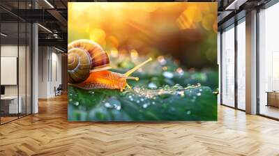 a snail is sitting on a leaf in the sun light, with water droplets on it's surface Wall mural